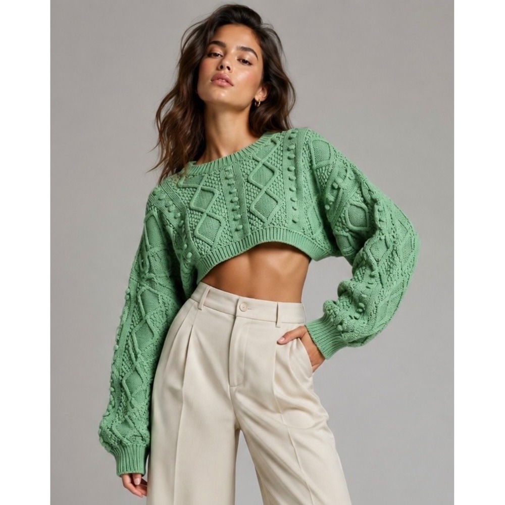 Etiquette Sage Green Cable Knit Bobble Cropped Sweater Size‎ S Diamond Pattern